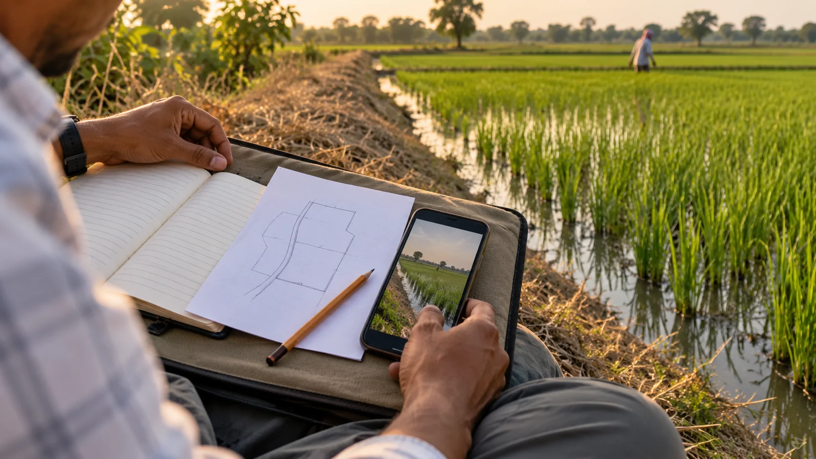 A field observer connects a paper field log and parcel sketch with a phone photograph beside rice plots.